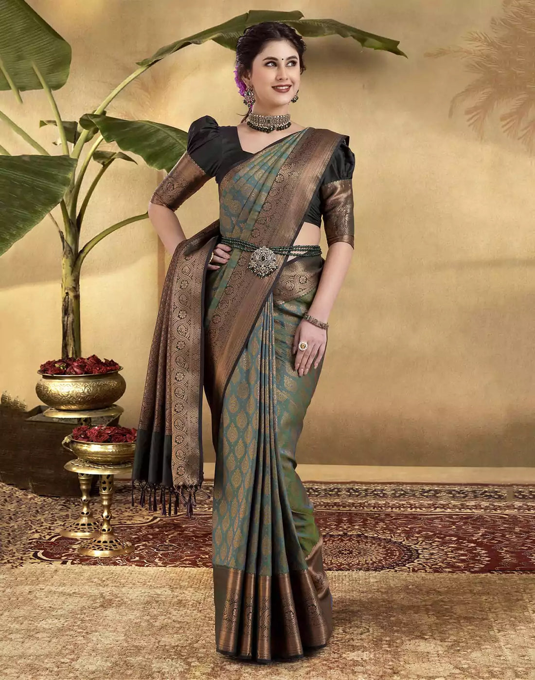 Green woven design Copper Zari Soft Banaras Silk Saree