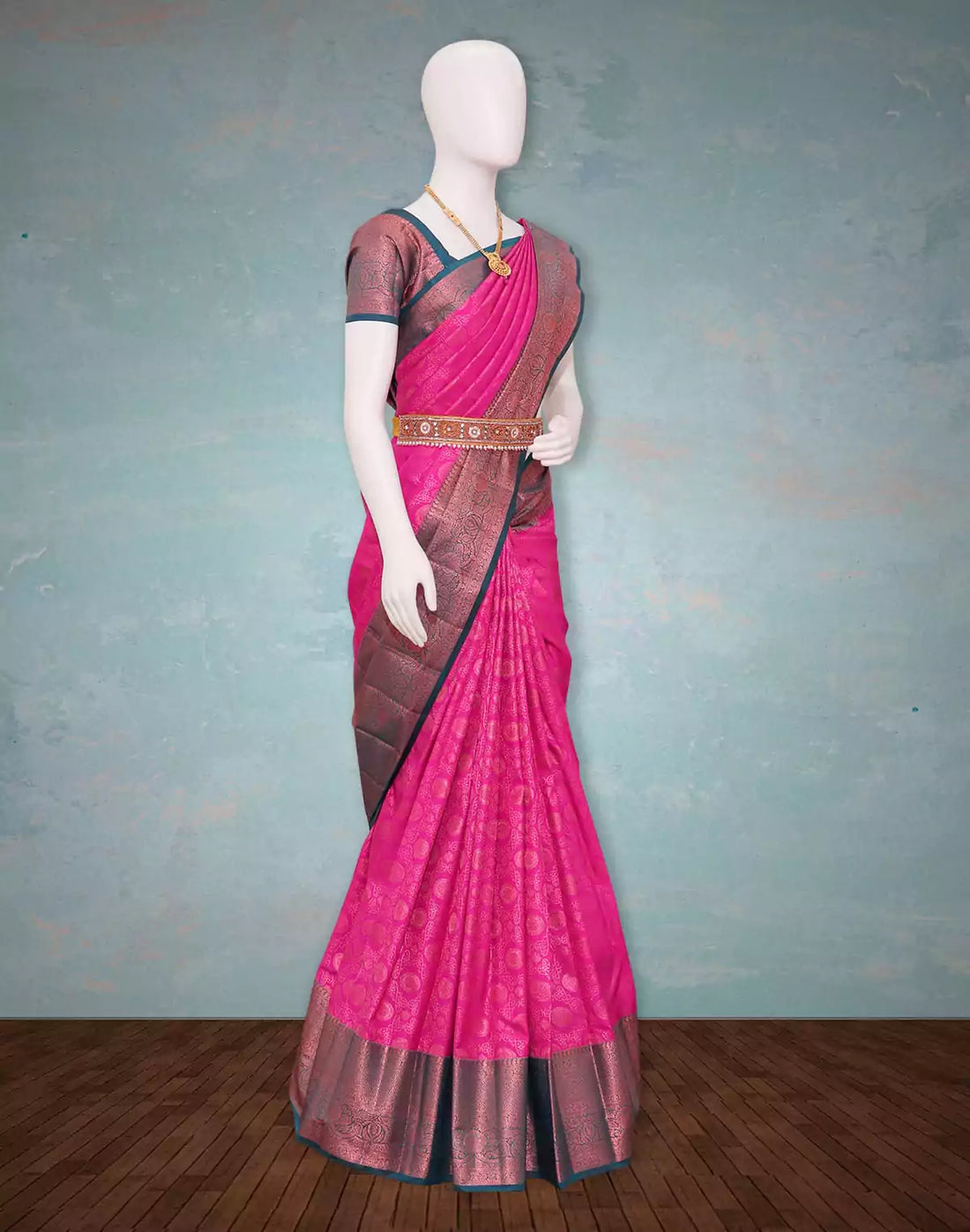 Pink Floral design with Copper Zari Border Saree