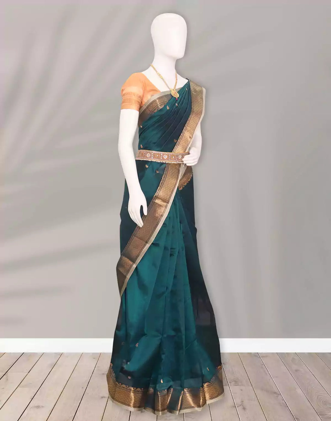 Uppada Sico Butta Peacock Blue and Cream Cotton Silk Saree
