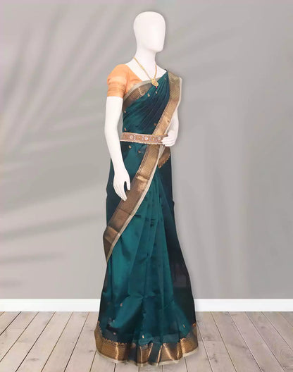 Uppada Sico Butta Peacock Blue and Cream Cotton Silk Saree