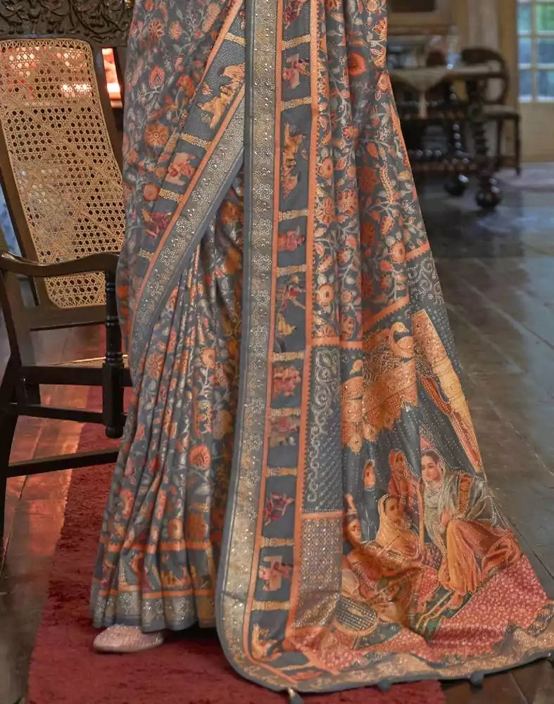 Beautiful Grey Floral Patola Mica Print Saree