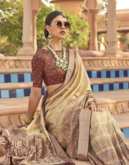 Beige Self Design Patola Silk Saree