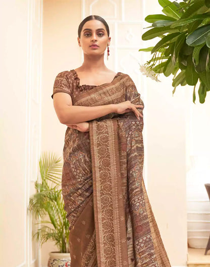 Brown Graphic design Jute Silk Saree