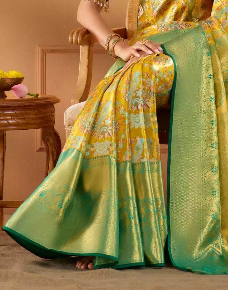 Mustard Floral design Kanchi Pure Silk Saree