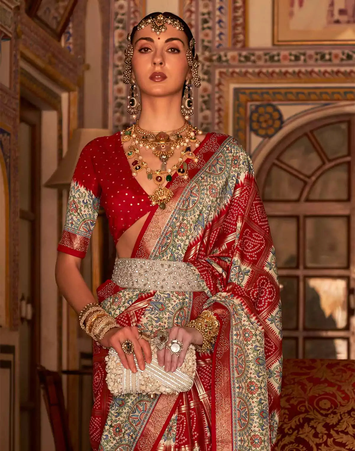 Red Patola Silk Bandhini Print Party Wear Saree