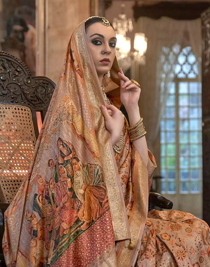 Blissful Peach Colour Floral  Mica Print Patola Saree