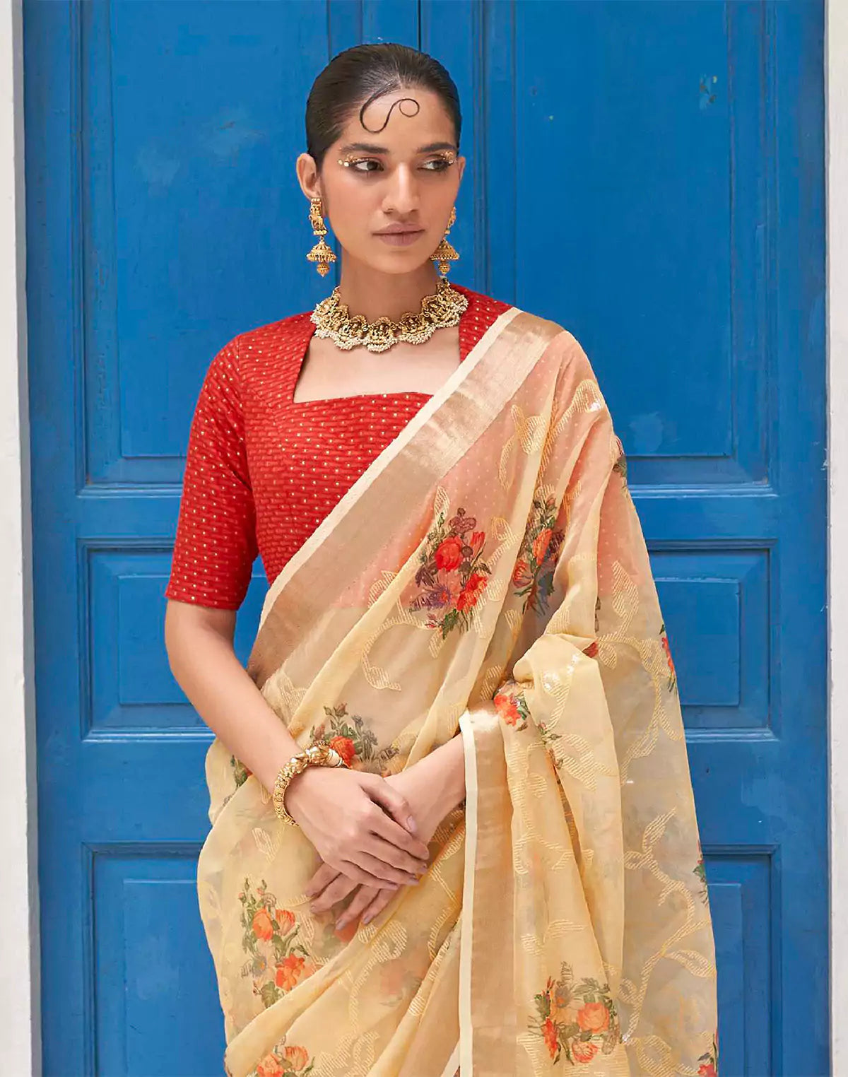 Beige and Red Digital Floral Print Organza Saree