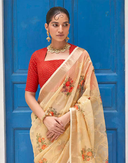 Beige and Red Digital Floral Print Organza Saree