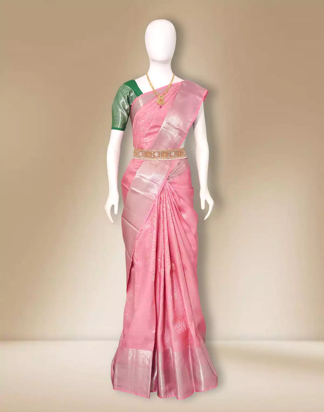 Beautiful Baby Pink Floral Silver Zari Self skut Border Saree