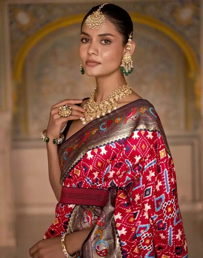 Emerald Red Ikat Patola Fancy Saree