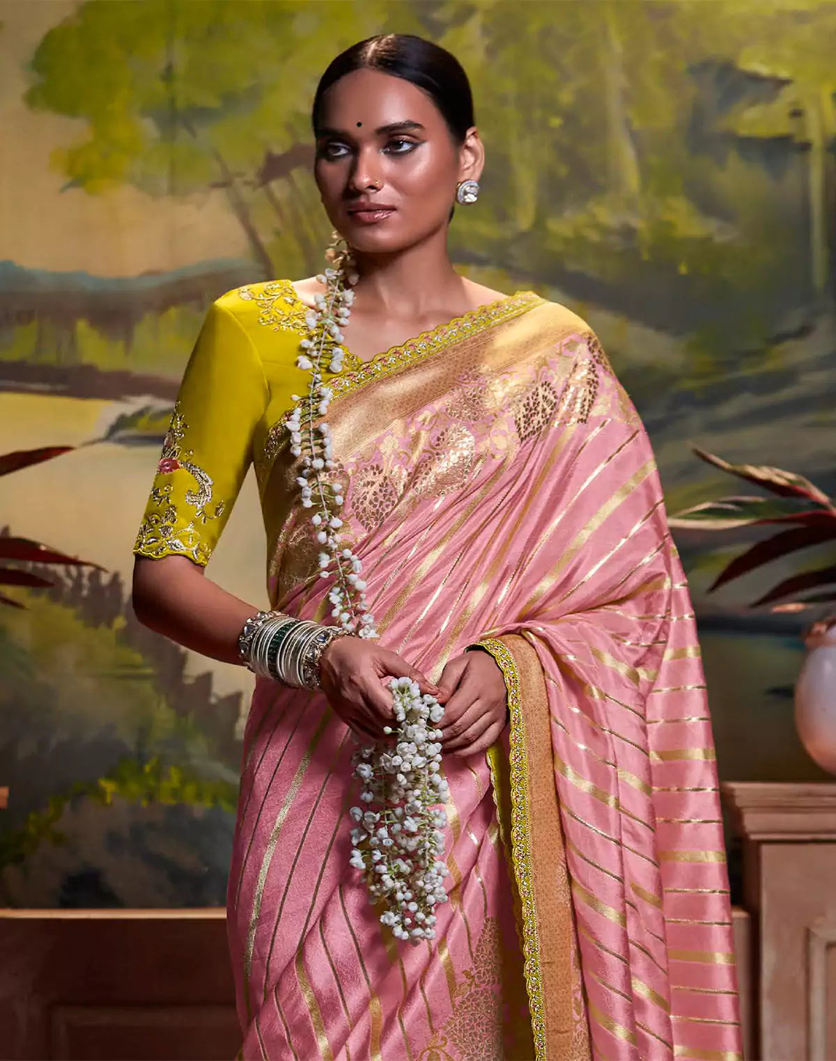 Light Pink Pure Dola Silk Saree With Fancy Lace Border and Embroidery Work Blouse
