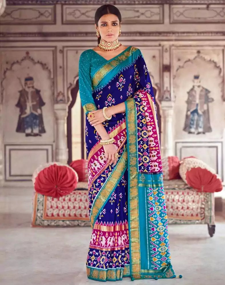 Royal Blue Ikat Print Patola Saree
