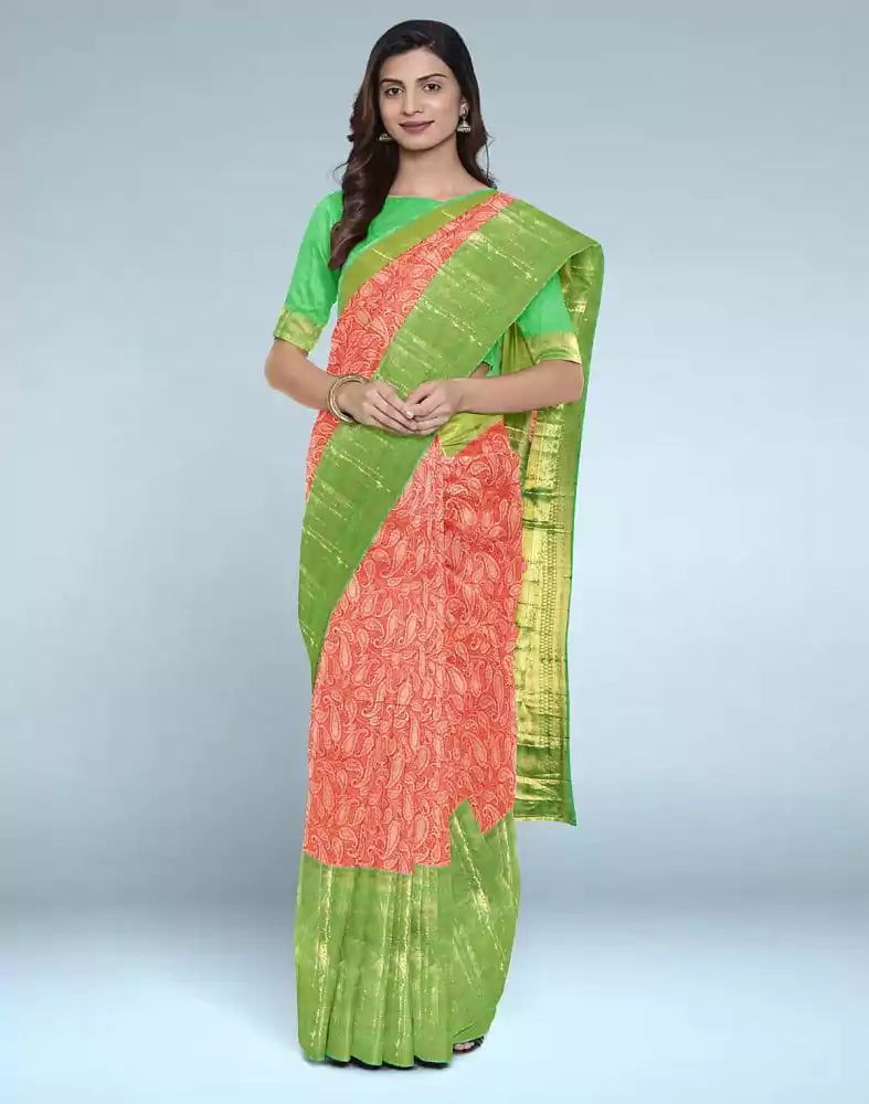 Orange Paisley Silver Zari pure pattu Saree