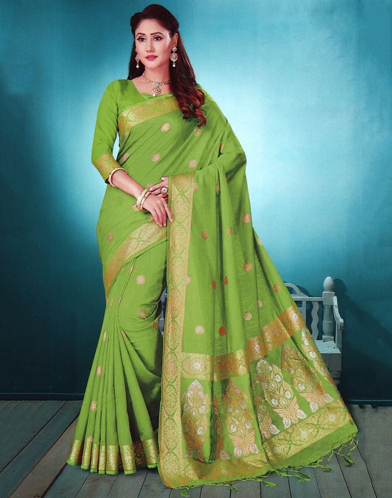 Green Floral Stones work Semi Raw Silk Saree