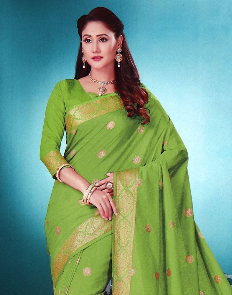 Green Floral Stones work Semi Raw Silk Saree