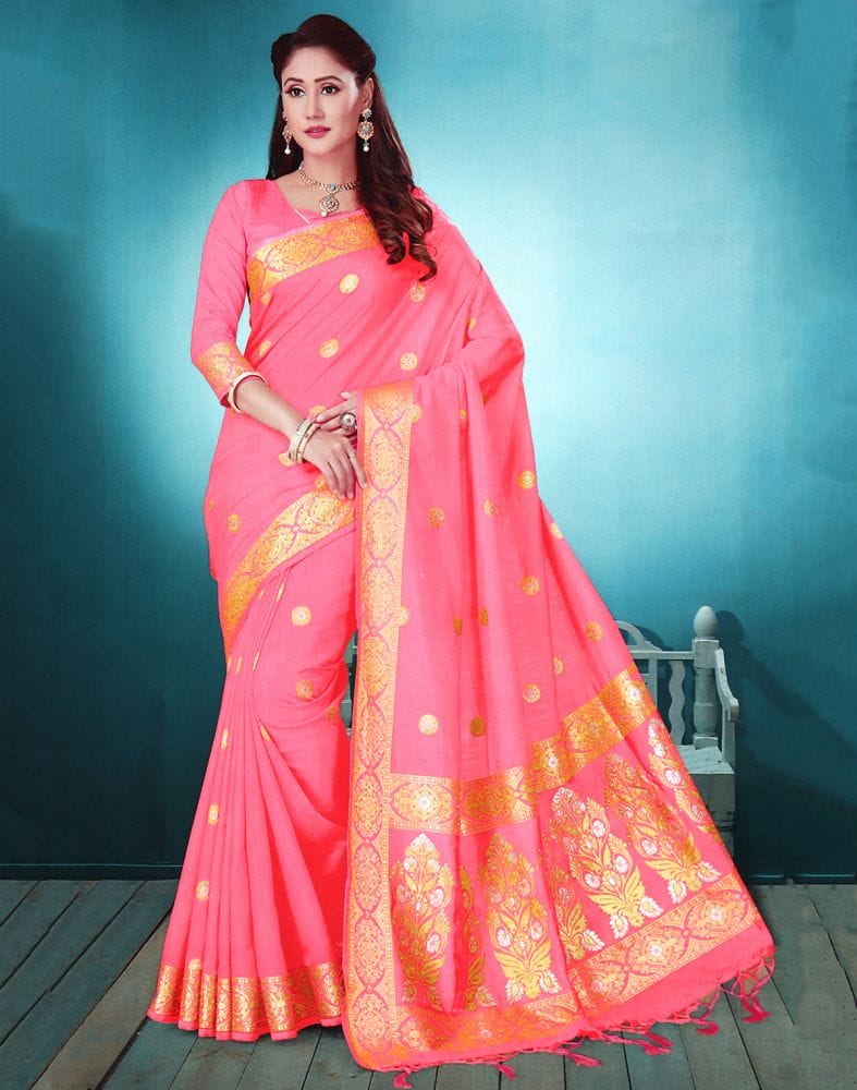 Pink Floral Stones work Semi Raw Silk Saree