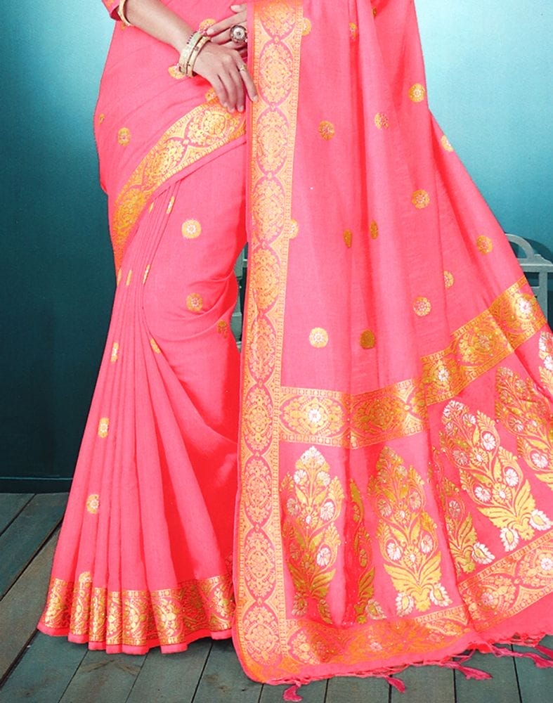 Pink Floral Stones work Semi Raw Silk Saree