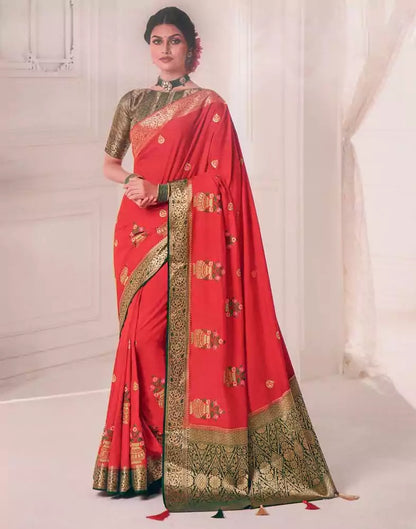 Red Coloured Floral Embroidery work Banaras Fancy Saree