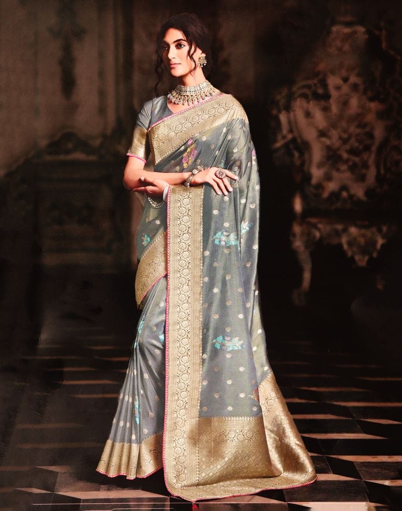 Grey Coloured Floral Banaras Tissue Saree