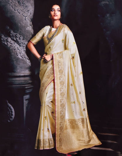 Cream Floral Banaras Tissue Saree