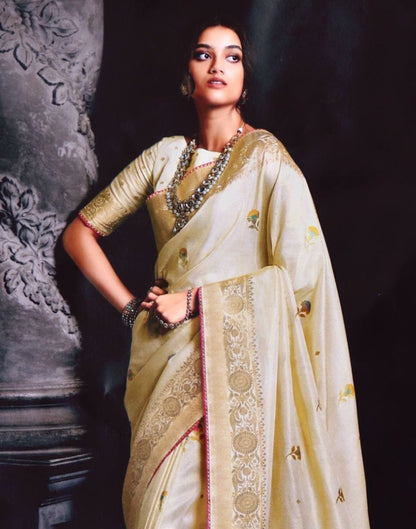 Cream Floral Banaras Tissue Saree