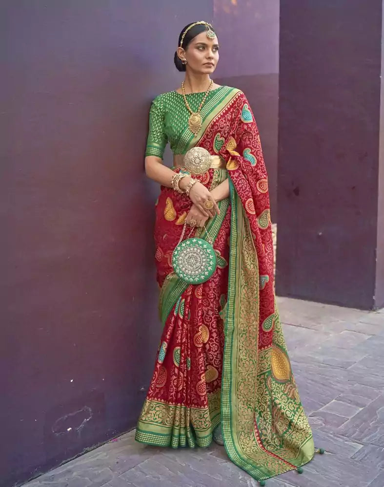 Red Paisley Print Pattern Brasso Saree