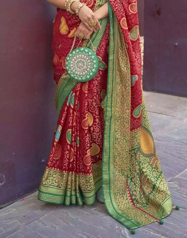 Red Paisley Print Pattern Brasso Saree