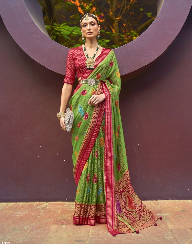 Green Paisley Pattern Brasso Fabric Saree