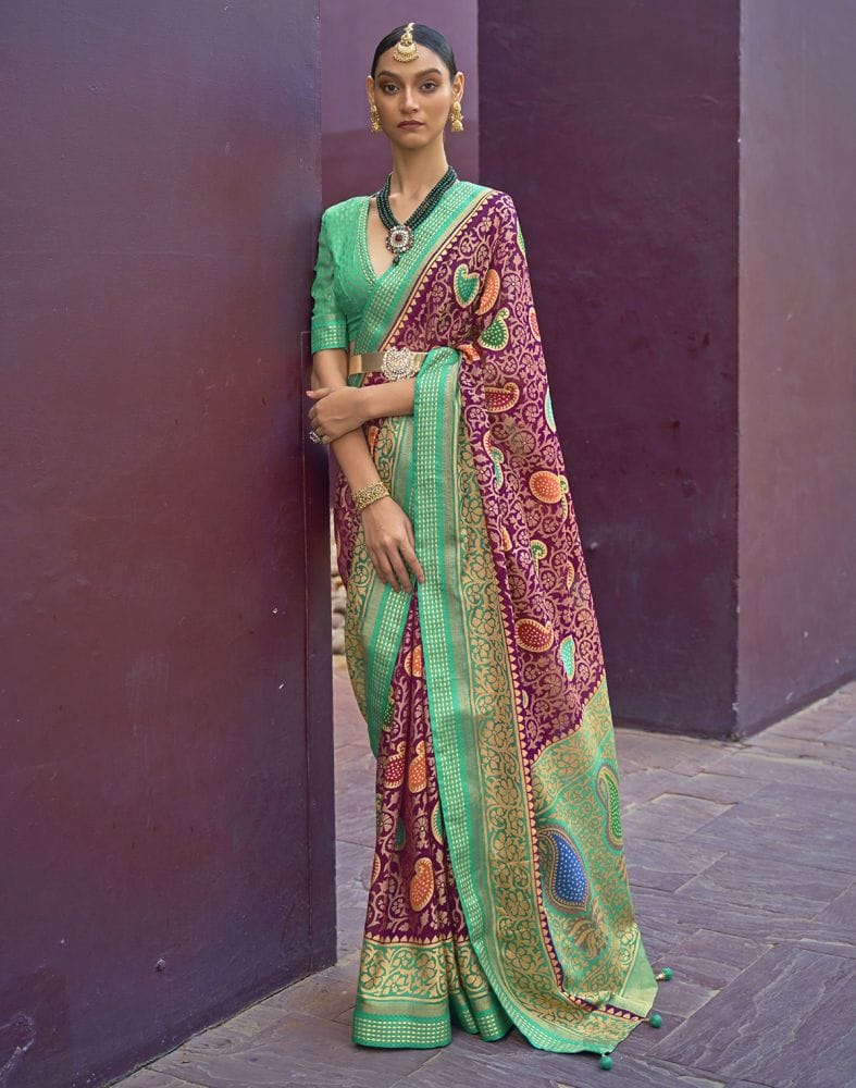 Magenta and Sea Green Coloured Brasso Saree