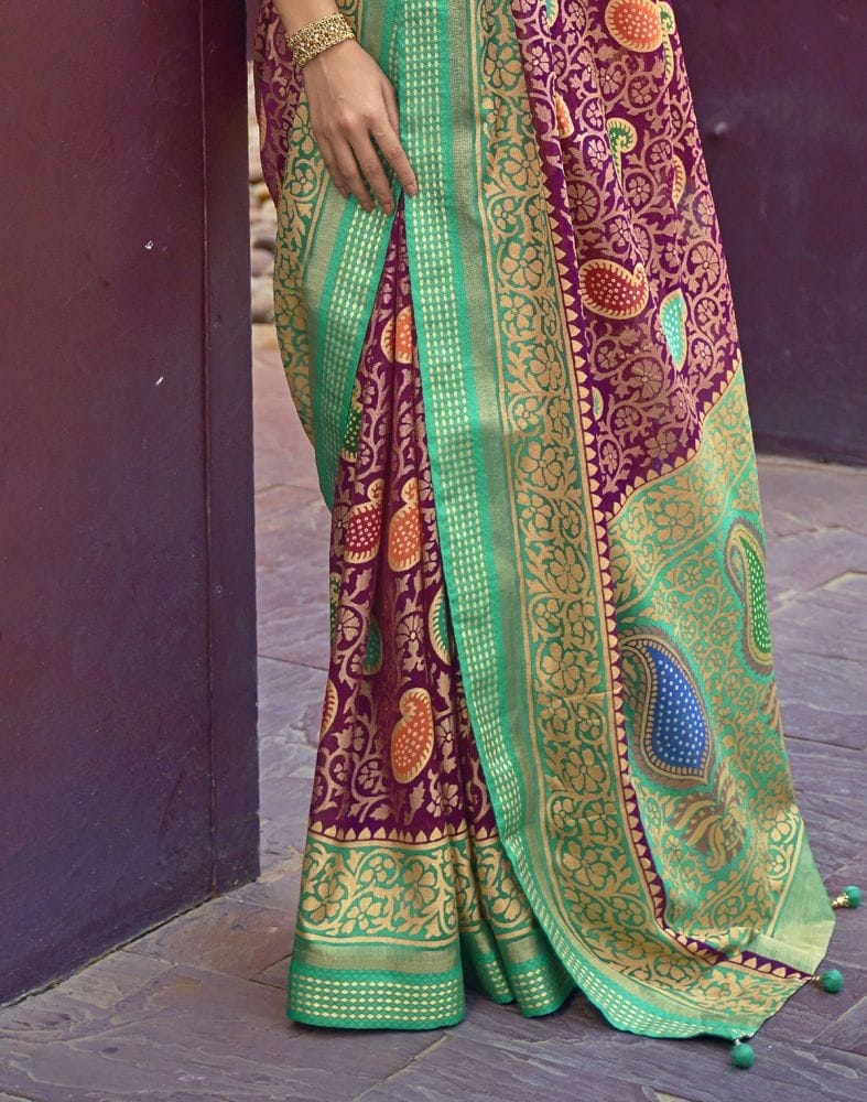 Magenta and Sea Green Coloured Brasso Saree