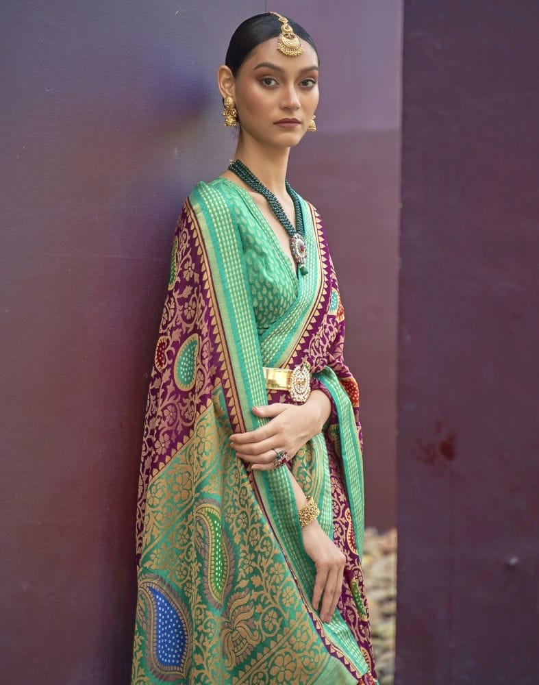 Magenta and Sea Green Coloured Brasso Saree