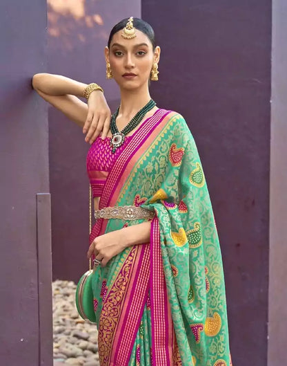 Sea Green Paisley Print Brasso Saree