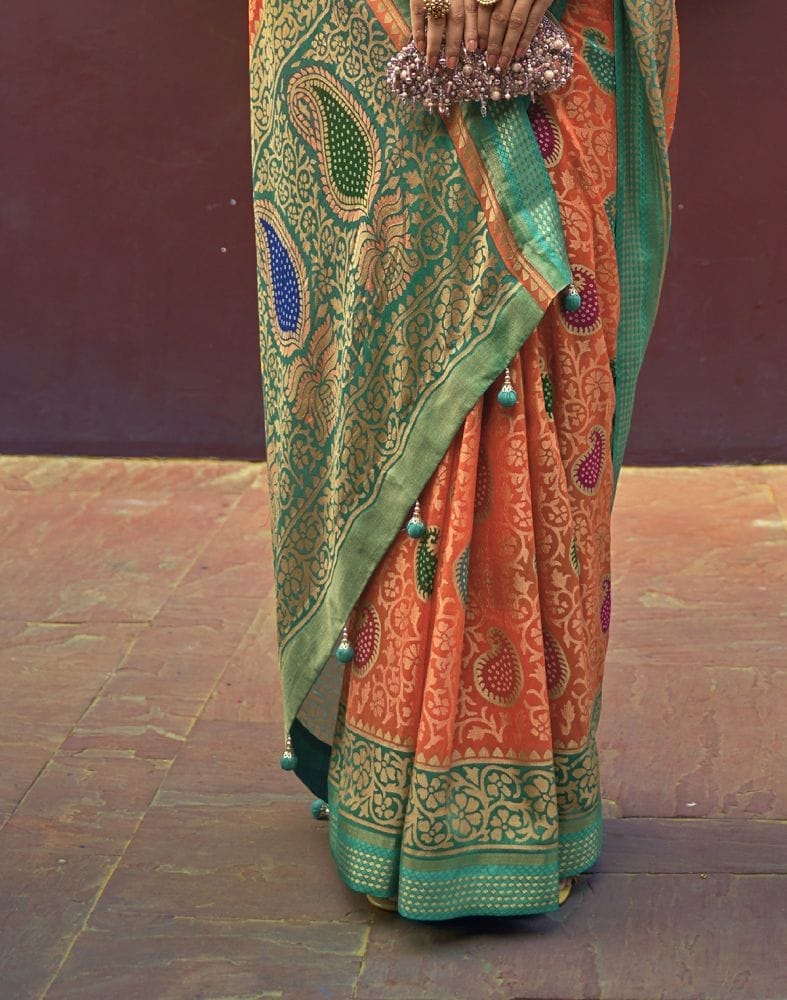 Orange Coloured Paisley Brasso Printed Saree