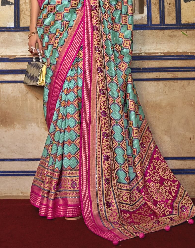 Magnificent Sky Blue Geometric Print Patola Saree