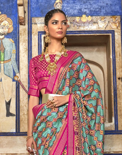 Magnificent Sky Blue Geometric Print Patola Saree