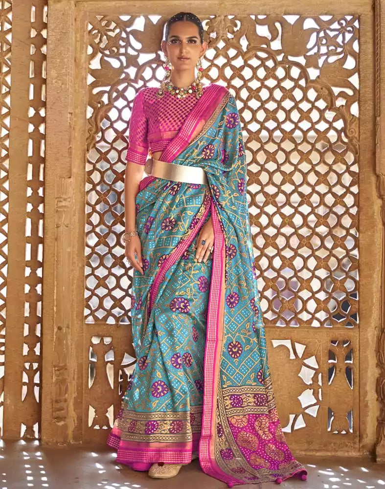 Stylish Sky Blue Botanical Print Patola Saree