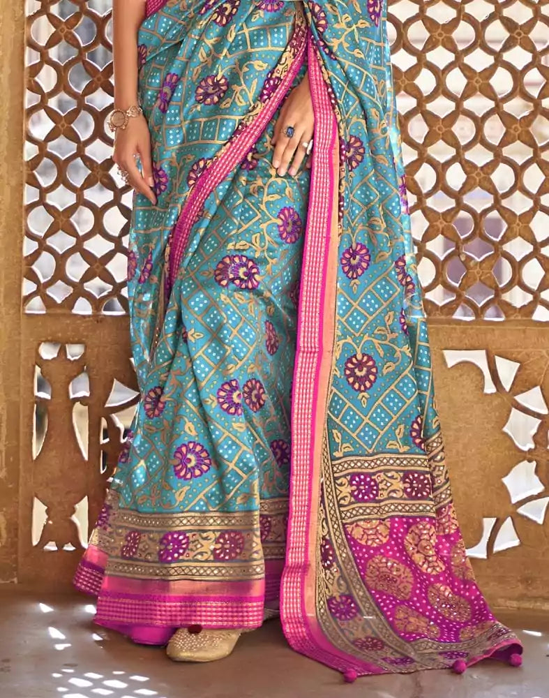 Stylish Sky Blue Botanical Print Patola Saree