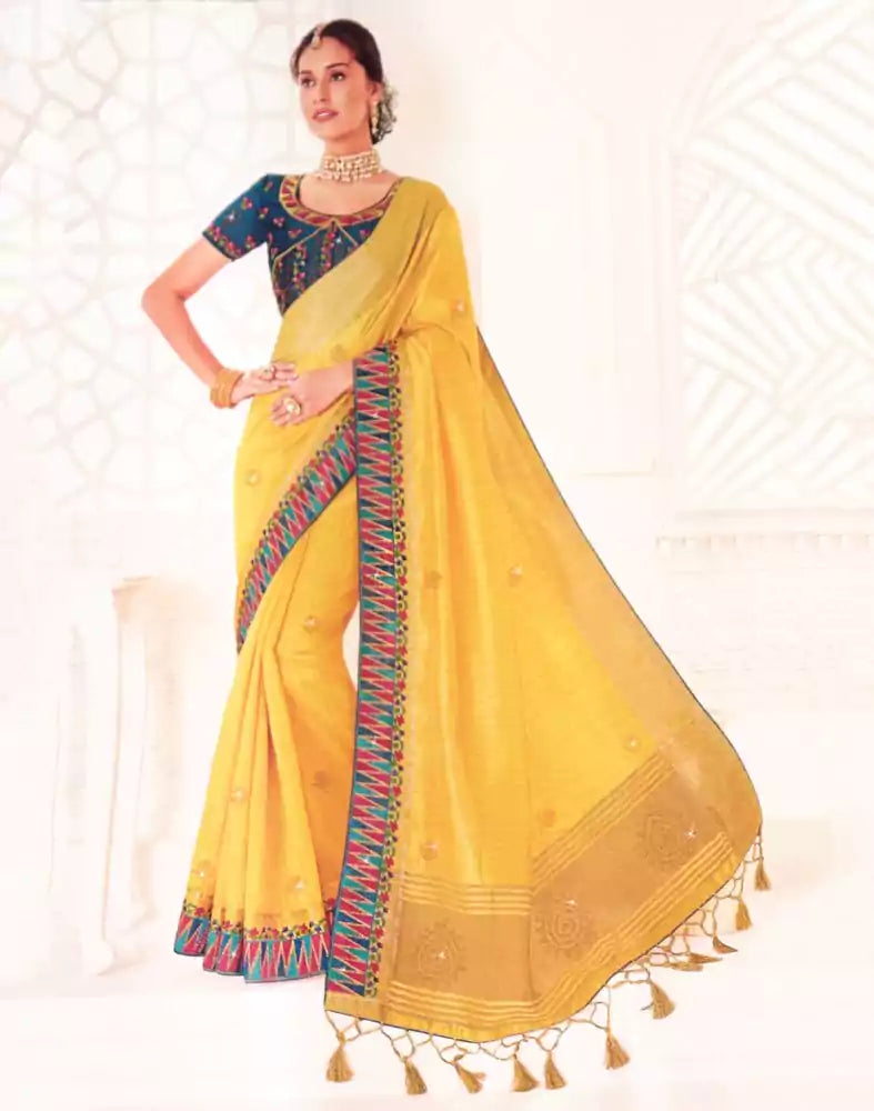 Yellow Plain Stones work Raw Silk Saree