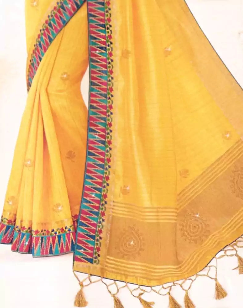Yellow Plain Stones work Raw Silk Saree