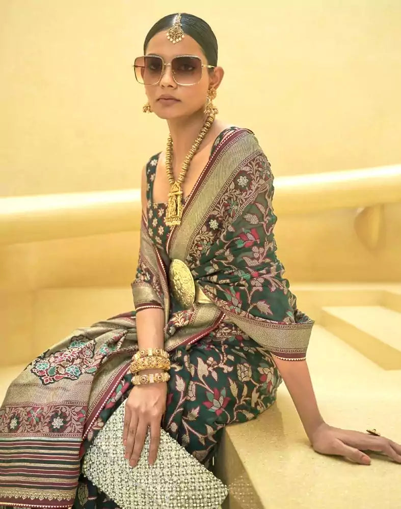 Dark Green Floral Print Patola Saree