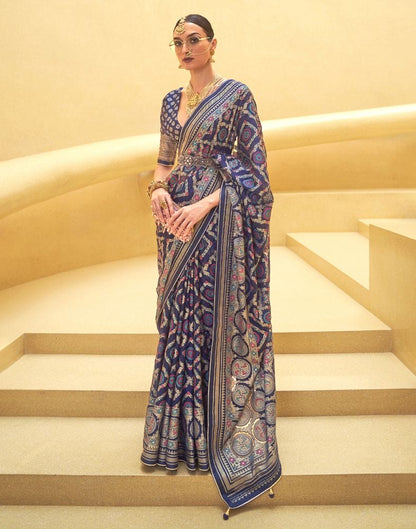 Navy Blue Geometric Print Patola Saree