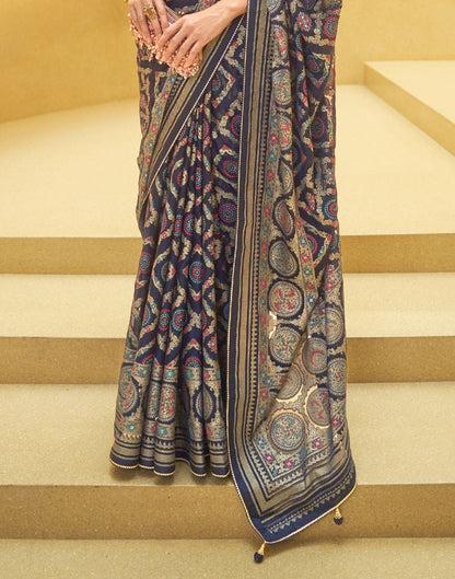 Navy Blue Geometric Print Patola Saree