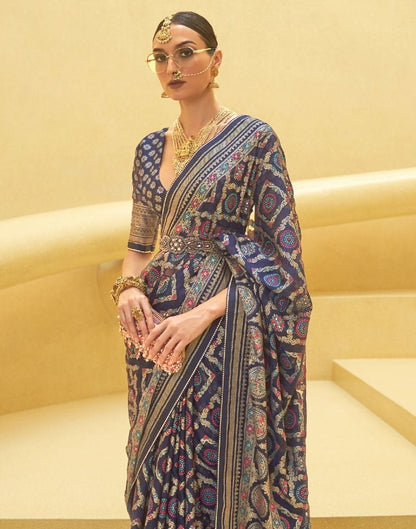 Navy Blue Geometric Print Patola Saree