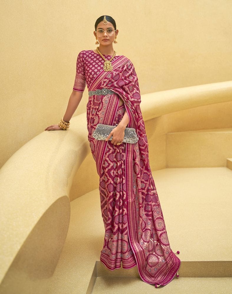 Dark Pink Geometric Print Patola Fancy Saree