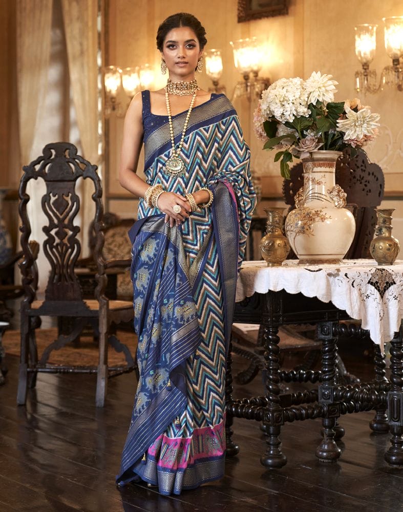 Blue Coloured Zig Zag Patola Saree