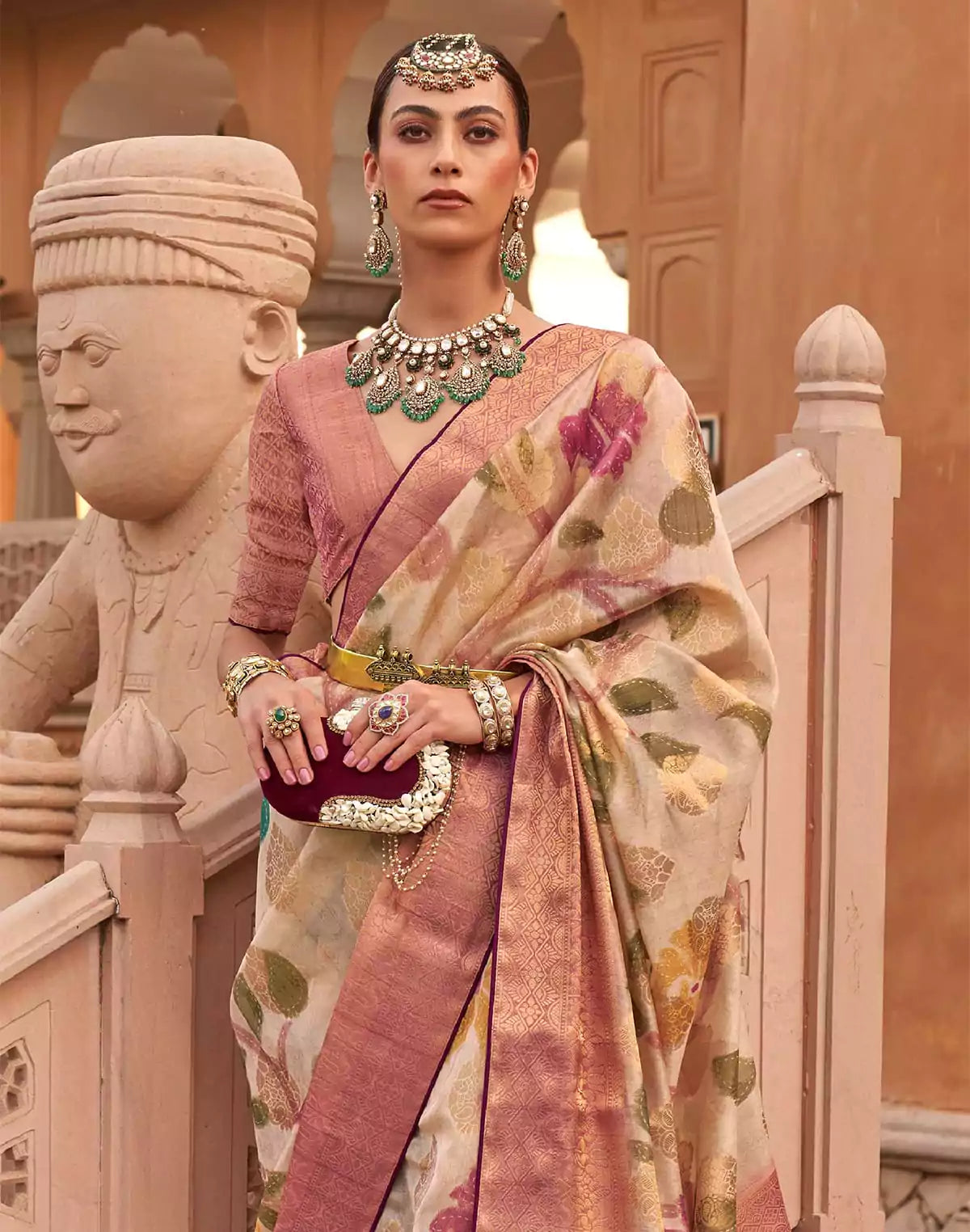 Beige Floral Organza Party Wear Saree