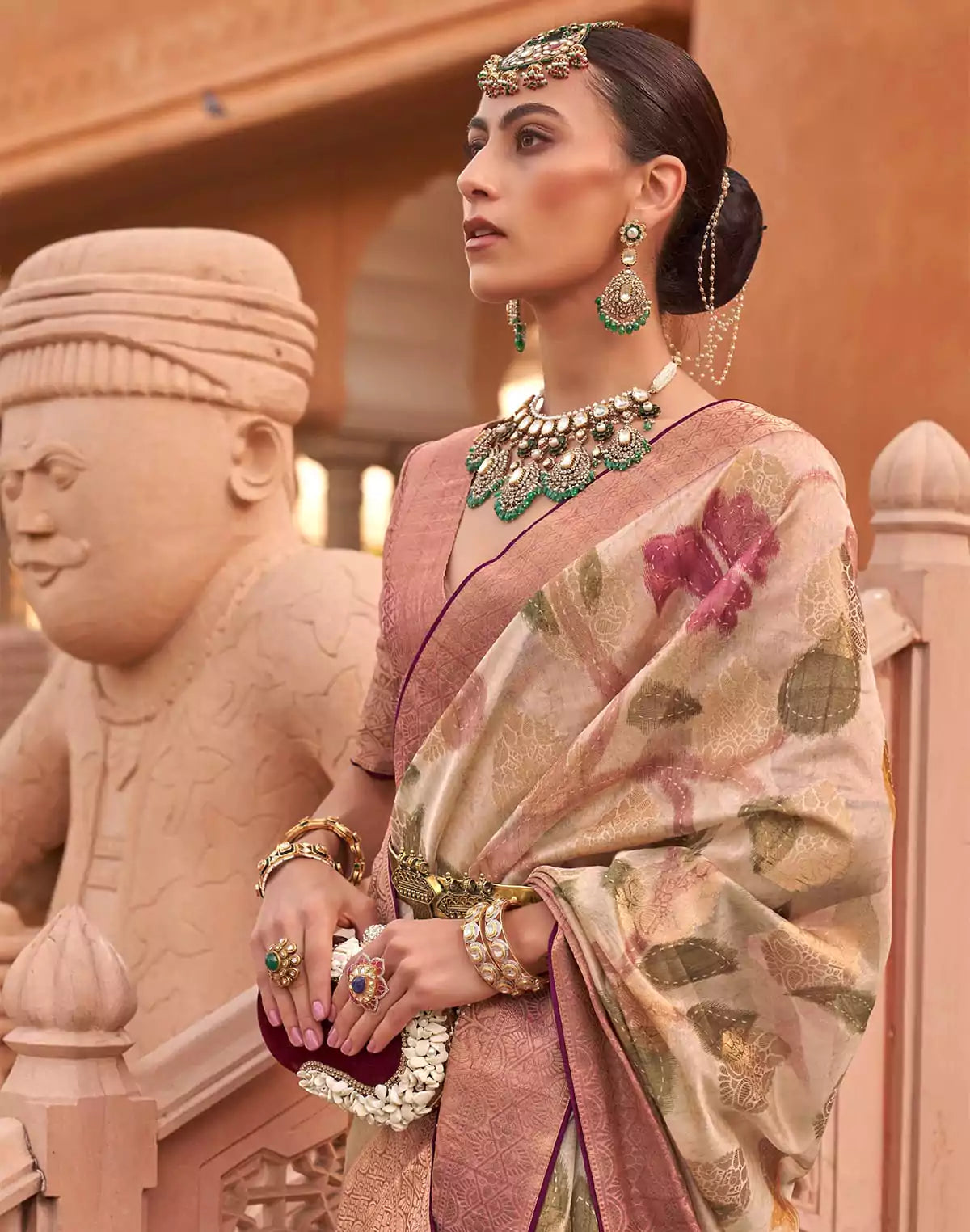Beige Floral Organza Party Wear Saree