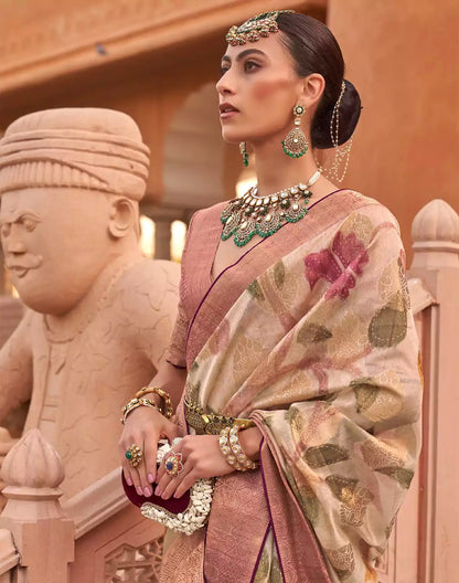 Beige Floral Organza Party Wear Saree