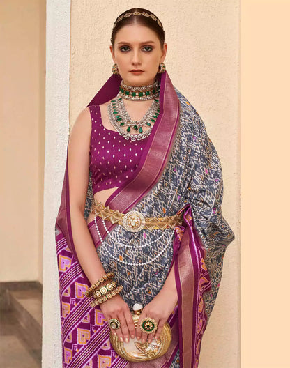 Grey and Purple Patola Silk Saree with Tussels
