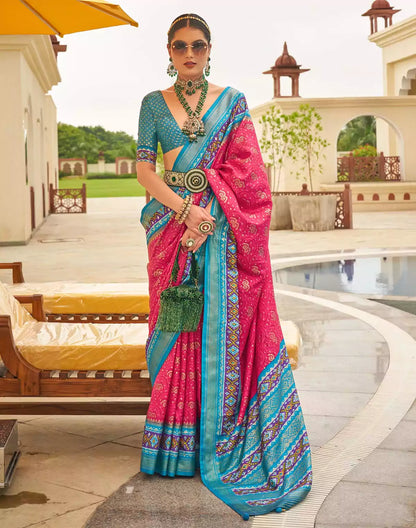 Pink Coloured Patola Silk Contrast Border Saree